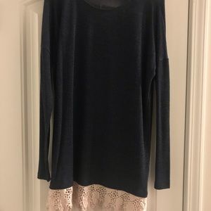 Navy Blue Light Weight Sweater With Lace Trim